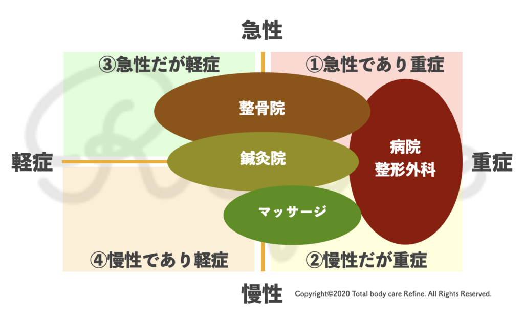 重症度と原因別４分類における病院・治療院の関係　図